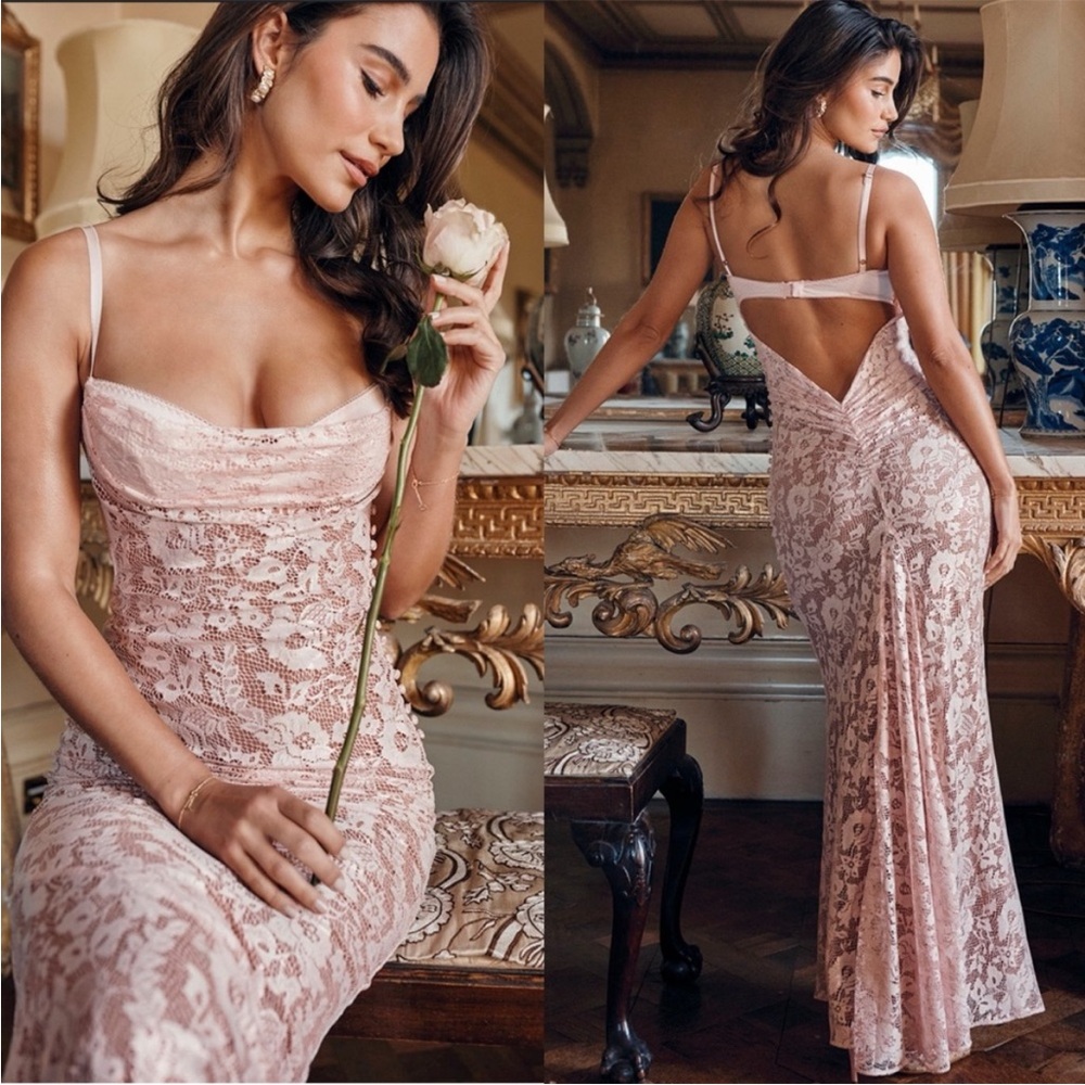 NWT HOUSE OF CB Azzurra' Rose Pink Lace Godet Gown